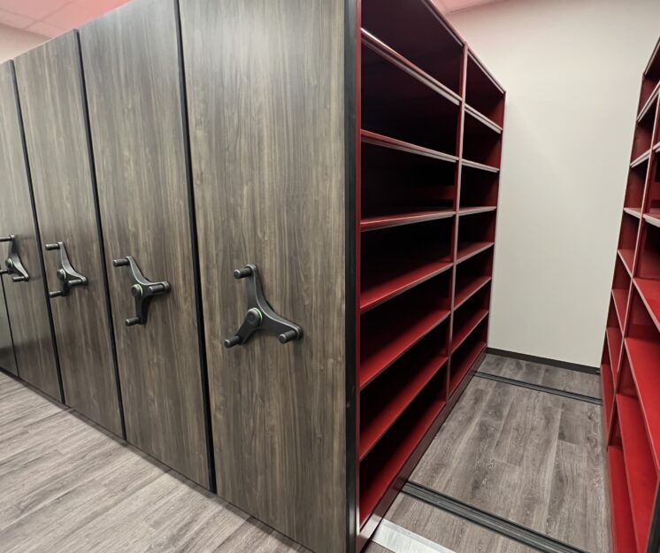 aurora storage mobile system with wood-tek end panels and red shelving